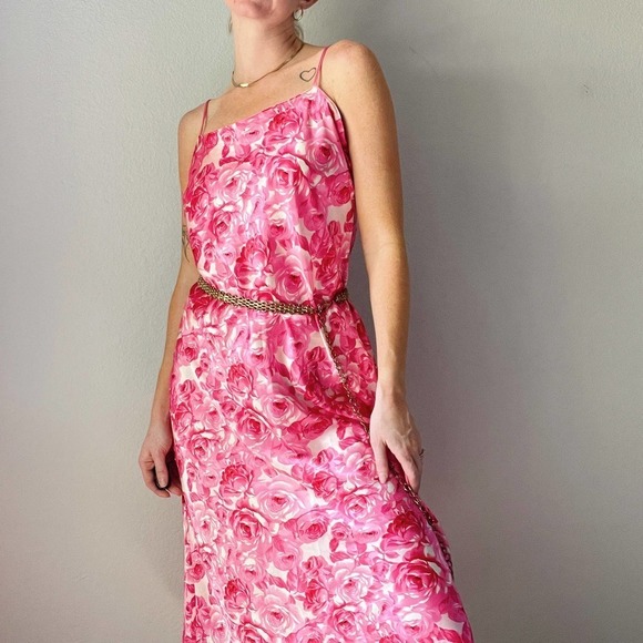 Vintage 90s/Y2K Pink Floral Printed Midi Slip Dress - Picture 3 of 6